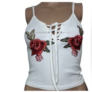 Shein XS Ribbed rose embroidered top